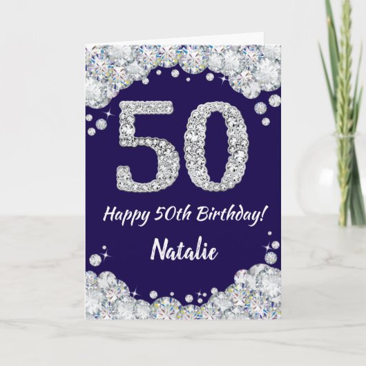 Happy 50th Birthday Navy Blue en Silver Glitter Kaart (Voorkant)