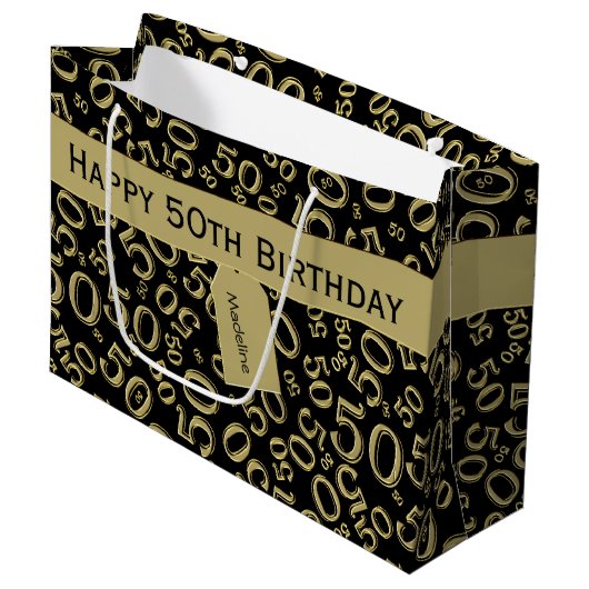Happy 50th Birthday Number Pattern Black/Gold Large Cadeautasje (Voorkant Gekanteld)