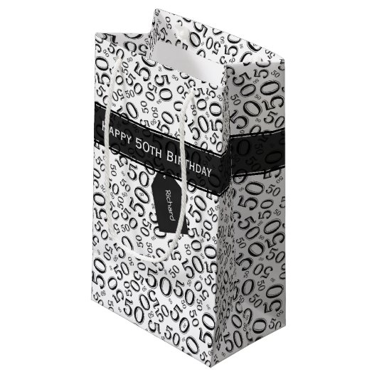 Happy 50th Birthday Number Pattern Black/White Klein Cadeauzakje (Voorkant Gekanteld)