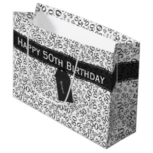 Happy 50th Birthday Number Pattern Black/White Large Cadeauzakje
