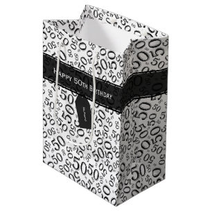 Happy 50th Birthday Number Pattern Black/White Medium Cadeauzakje