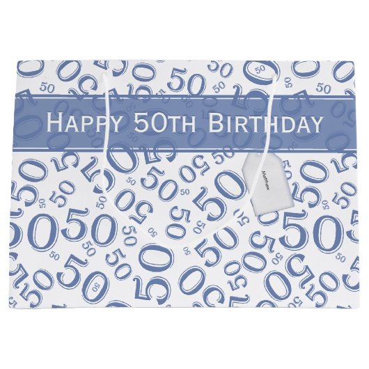 Happy 50th Birthday Number Pattern Blue/White Groot Cadeauzakje (Voorkant)
