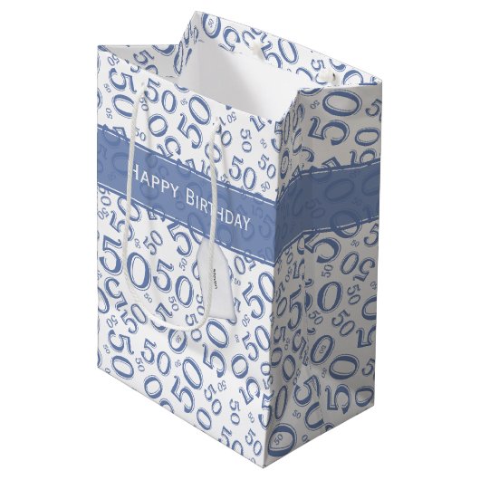 Happy 50th Birthday Number Pattern Blue/White Medium Cadeauzakje (Voorkant Gekanteld)