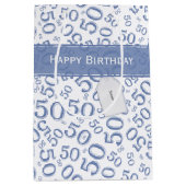 Happy 50th Birthday Number Pattern Blue/White Medium Cadeauzakje (Voorkant)