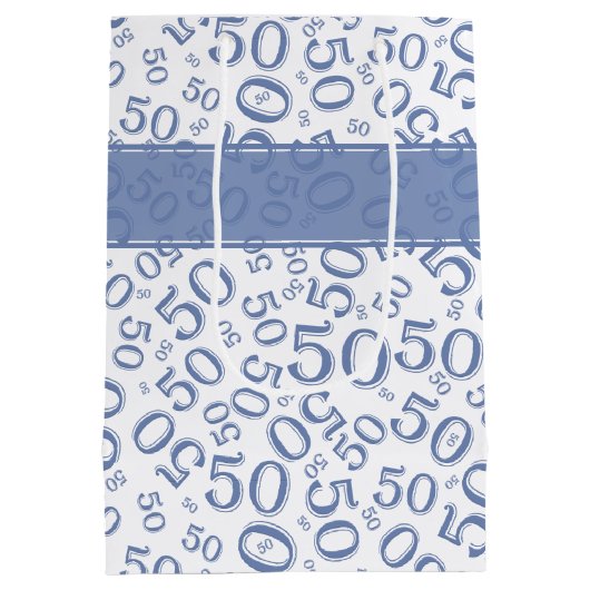 Happy 50th Birthday Number Pattern Blue/White Medium Cadeauzakje (Achterkant)