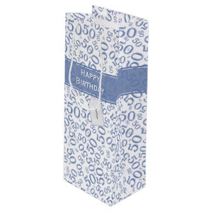 Happy 50th Birthday Number Pattern Blue/White Wijn Cadeautas