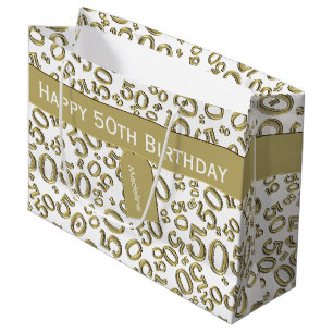 Happy 50th Birthday Number Pattern Gold/White Groot Cadeauzakje