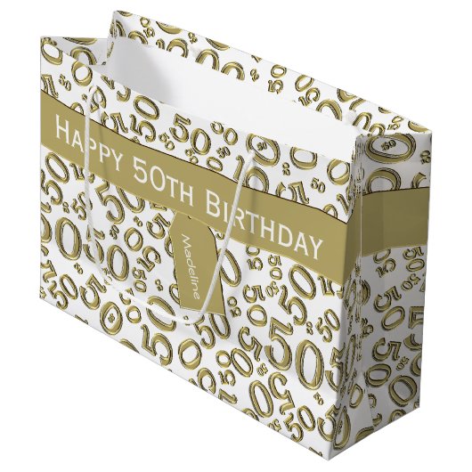 Happy 50th Birthday Number Pattern Gold/White Groot Cadeauzakje (Voorkant Gekanteld)