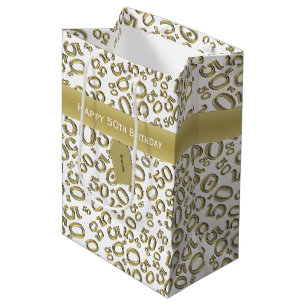 Happy 50th Birthday Number Pattern Gold/White Medium Cadeauzakje