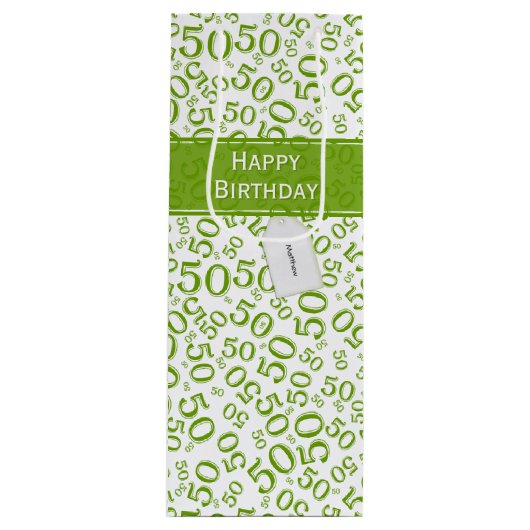 Happy 50th Birthday Number Pattern Green/White Wijn Cadeautas (Voorkant)