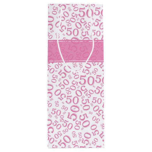 Happy 50th Birthday Number Pattern Pink/White Wijn Cadeautas (Achterkant)
