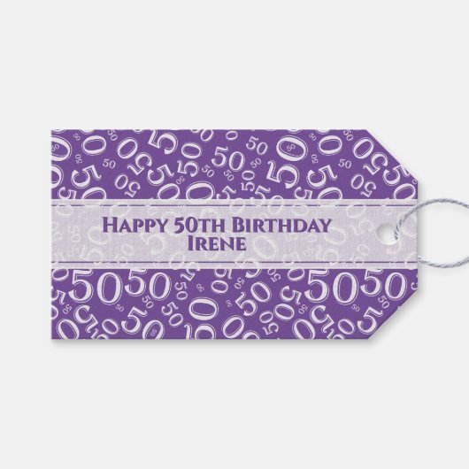Happy 50th Birthday Paars Random Number Pattern Cadeaulabel (Voorkant (Horizontaal))