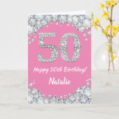 Happy 50th Birthday Pink en Silver Glitter Card Kaart (Gele Bloem)