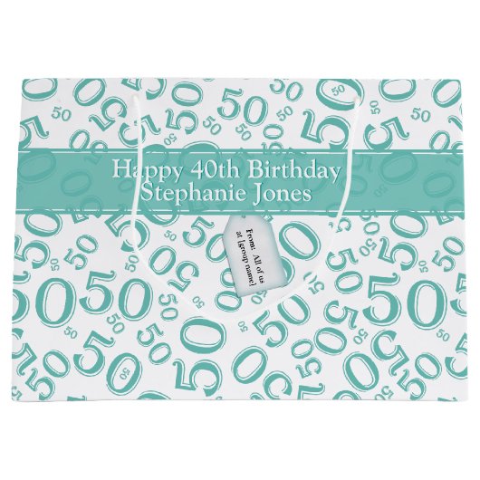Happy 50th Birthday Random Pattern Blauwgroen/Whit Groot Cadeauzakje (Voorkant)