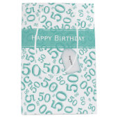 Happy 50th Birthday Random Pattern Blauwgroen/Whit Medium Cadeauzakje (Voorkant)