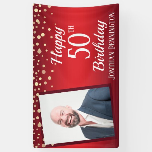 Happy 50th Birthday Red met Confetti One Photo Spandoek (Verticaal)