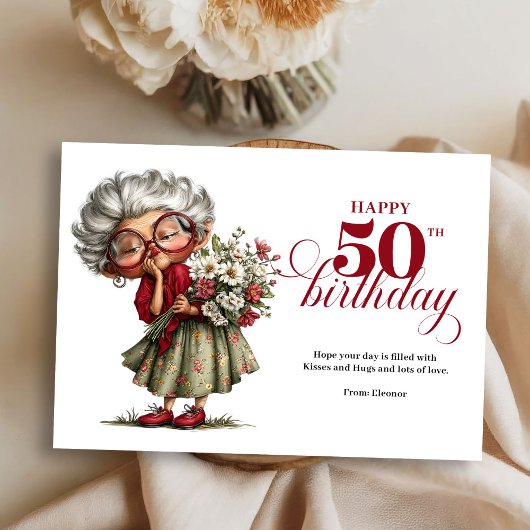 Happy 50th quirky woman card fun whimsical humor kaart