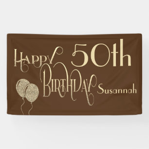 Happy 50th Verjaardag Naam Gold Text Brown Spandoek