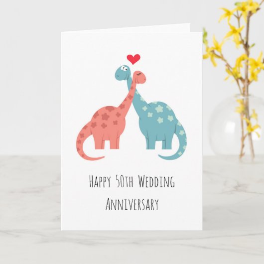 Happy 50th Wedding Jubileum Cute Dinosaurs Kaart (Gele Bloem)