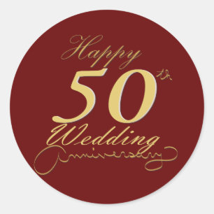 "Happy 50th Wedding Jubileum" Golden Red Ronde Sticker