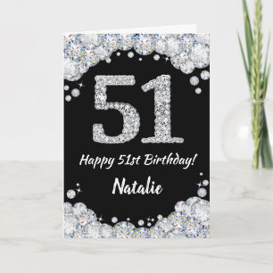 Happy 51st Birthday Black en Silver Glitter Card Kaart