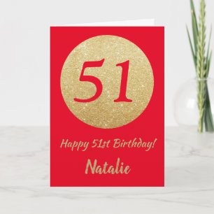 Happy 51st Birthday Red en Gold Glitter Card Kaart