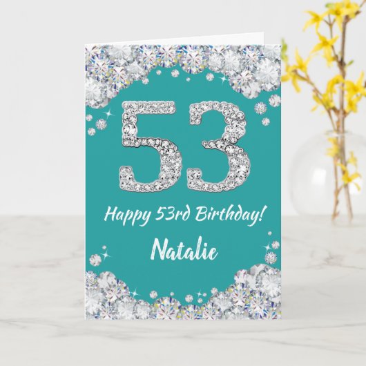 Happy 53rd Birthday Blauwgroen en Silver Glitter C Kaart (Gele Bloem)
