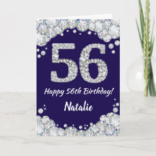Happy 56th Birthday Navy Blue en Silver Glitter Kaart