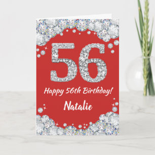 Happy 56th Birthday Red en Silver Glitter Card Kaart