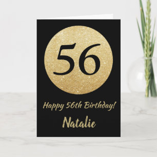 Happy 56th Birthday Zwart en Goud Glitter Kaart