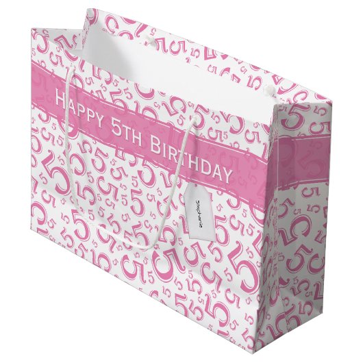 Happy 5th Birthday Number Pattern 5 Pink/White Groot Cadeauzakje (Voorkant Gekanteld)