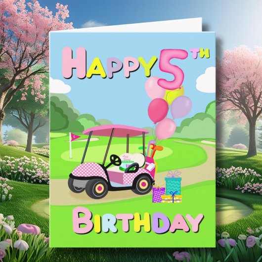 Happy 5th Birthday Polka Dot Pink Girly Golf Kaart