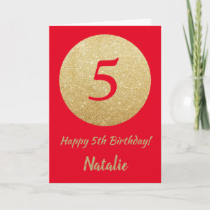 Happy 5th Birthday Red en Gold Glitter Card Kaart