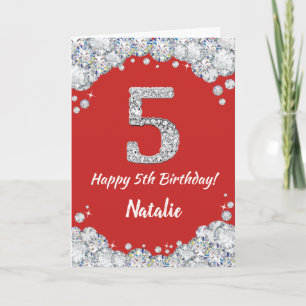 Happy 5th Birthday Red en Silver Glitter Card Kaart