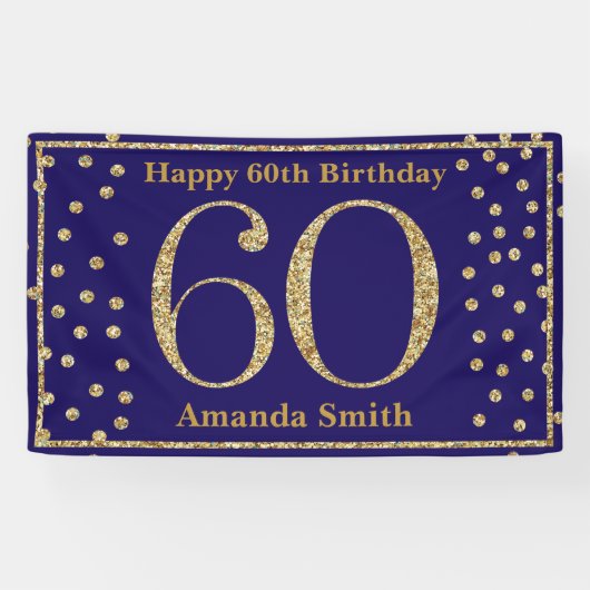 Happy 60th Birthday Banner Navy Blue Gold Glitter (Horizontaal)