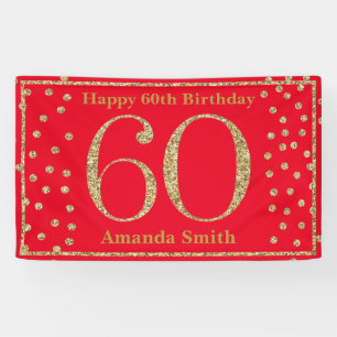 Happy 60th Birthday Banner Red en Gold Glitter