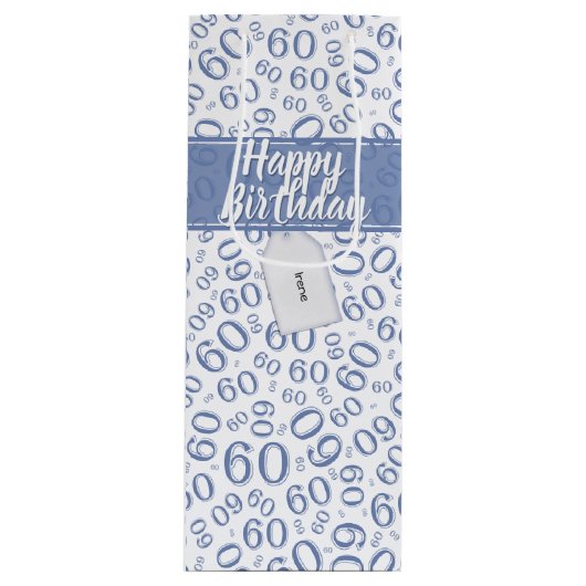 Happy 60th Birthday Blue and White Number Pattern Wijn Cadeautas (Voorkant)