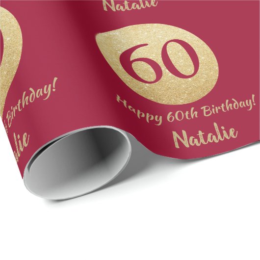 Happy 60th Birthday Burgundy Red en Gold Glitter Cadeaupapier (Rol Hoek)