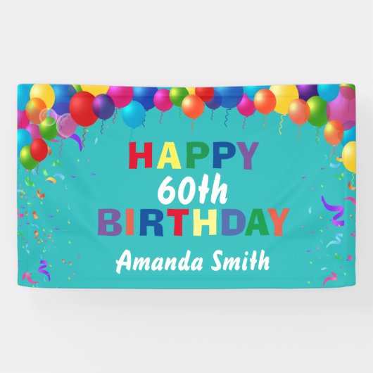 Happy 60th Birthday Colorful Balloons Blauwgroen Spandoek (Horizontaal)