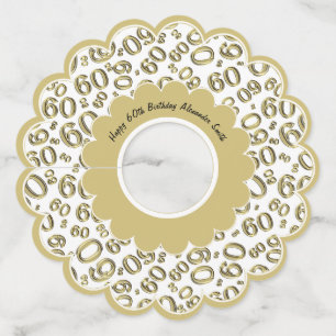 Happy 60th Birthday Gold en White Number Theme Wijnglaslabel