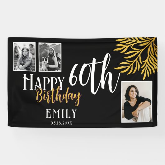 Happy 60th Birthday Gold Foliage 3 Photo Backdrop Spandoek (Horizontaal)