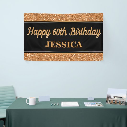 Happy 60th Birthday Gold Glitter Zwart Spandoek (Beurs)