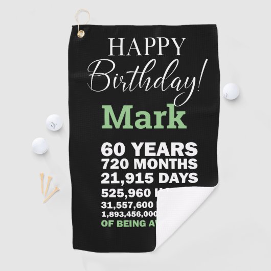 Happy 60th Birthday Mark, 60 jaar Geweldige Golfhanddoek (Insitu)