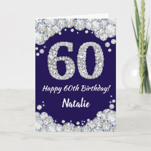 Happy 60th Birthday Navy Blue en Silver Glitter Kaart