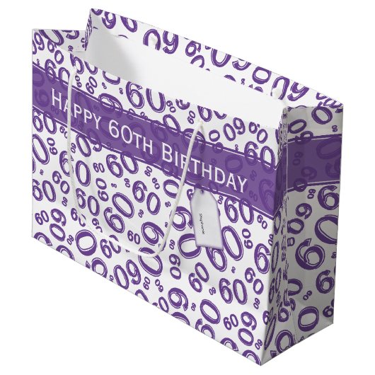 Happy 60th Birthday Number Pattern Paars/White Groot Cadeauzakje (Voorkant Gekanteld)