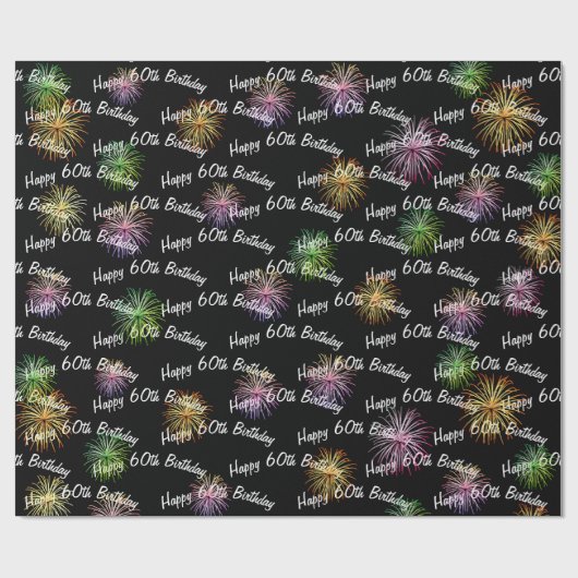 Happy 60th Birthday vuurwerk op zwart Cadeaupapier (Vlak)