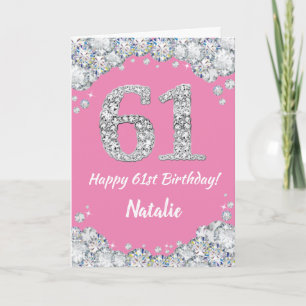 Happy 61st Birthday Pink en Silver Glitter Card Kaart