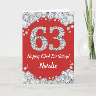 Happy 63rd Birthday Red en Silver Glitter Card Kaart