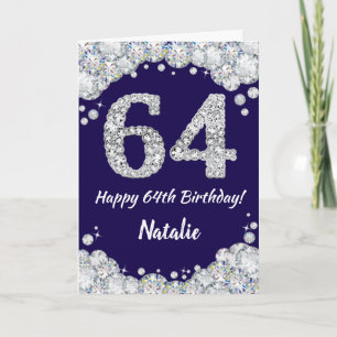Happy 64th Birthday Navy Blue en Silver Glitter Kaart