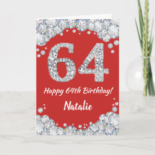 Happy 64th Birthday Red en Silver Glitter Card Kaart